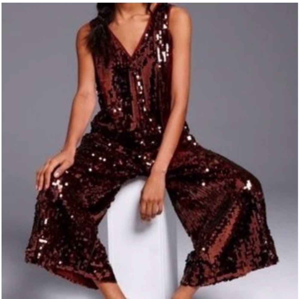 Anthropologie Brown Sequin V-Neck Jumpsuit